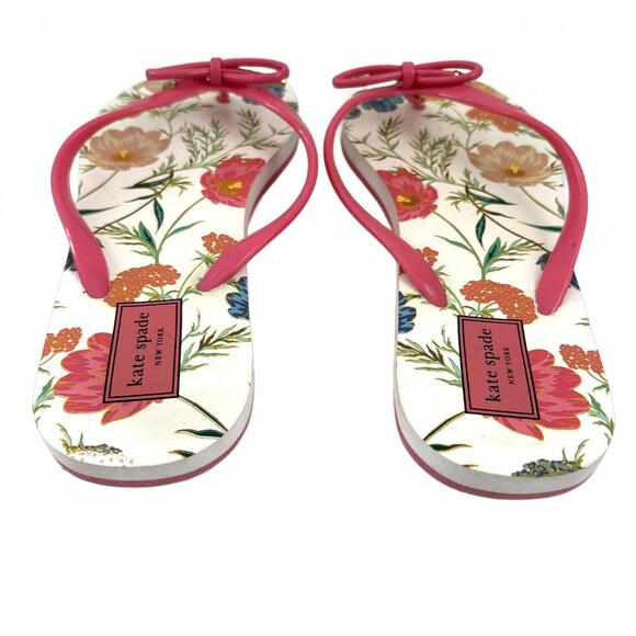 Kate Spade | Flip Flop Thong Sandals White Pink Bow Gold Spade Floral Size 8 - Picture 4 of 6